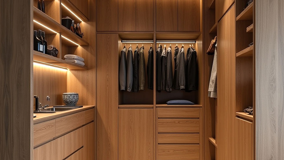 Eye-level view of a sleek wardrobe with pull-out shelves and hanging organizers
