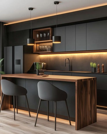 Straight kitchen with matte black cabinets and LED strip lighting