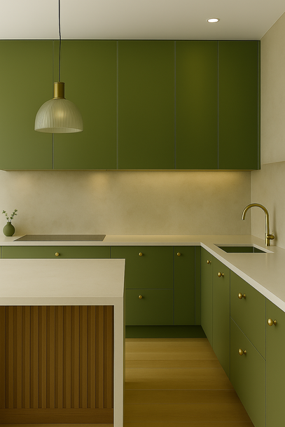Olive green L-shaped kitchen with white quartz countertop and island