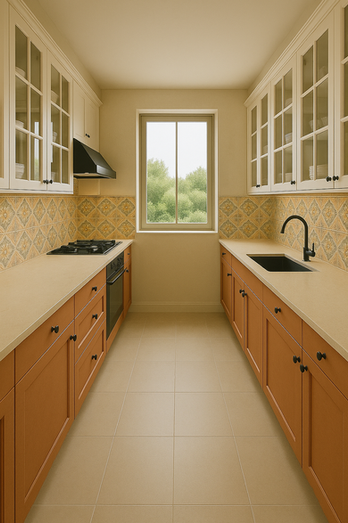 Parallel kitchen with terracotta base cabinets, cream glass-front uppers, and vintage patterned backsplash