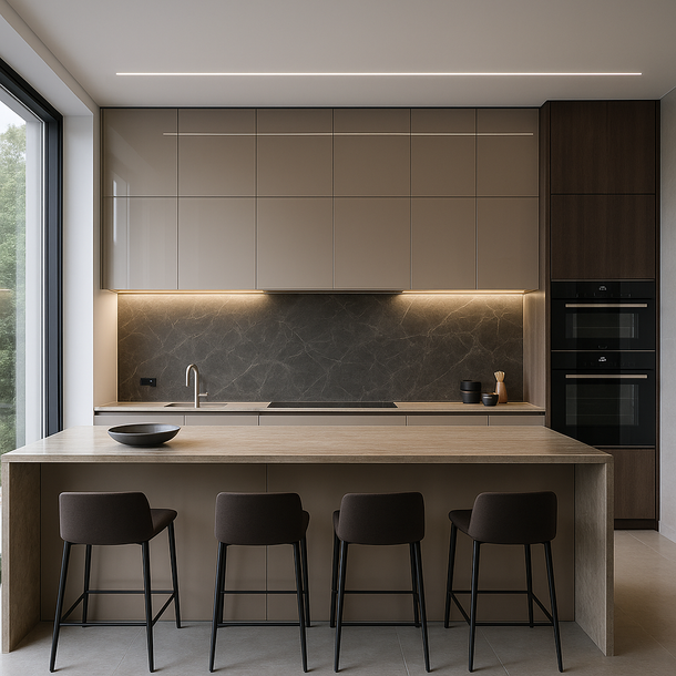 Straight kitchen with glossy taupe upper cabinets, stone backsplash, and four-seater island
