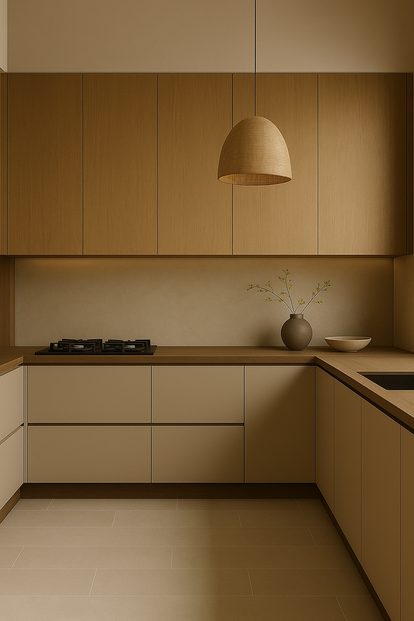 Tan-toned L-shaped modular kitchen with wooden overhead cabinets and pendant light