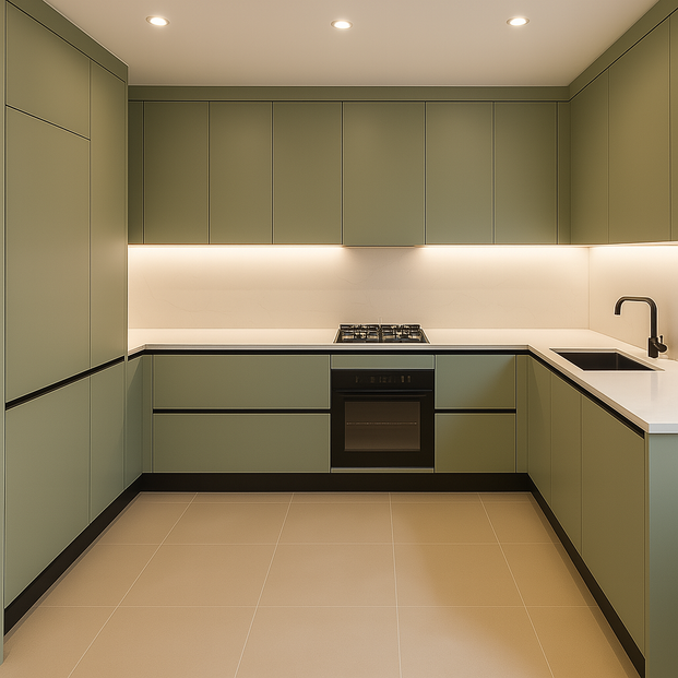 U-shaped modular kitchen in sage green matte finish with white countertops and black fittings