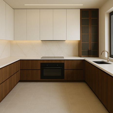 Modern U-shaped kitchen with warm wood base cabinets and white overhead units with integrated lighting