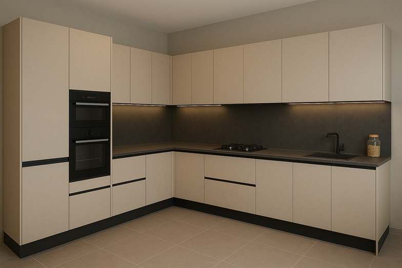L-shaped beige modular kitchen with handle-less matte cabinets and built-in appliances.