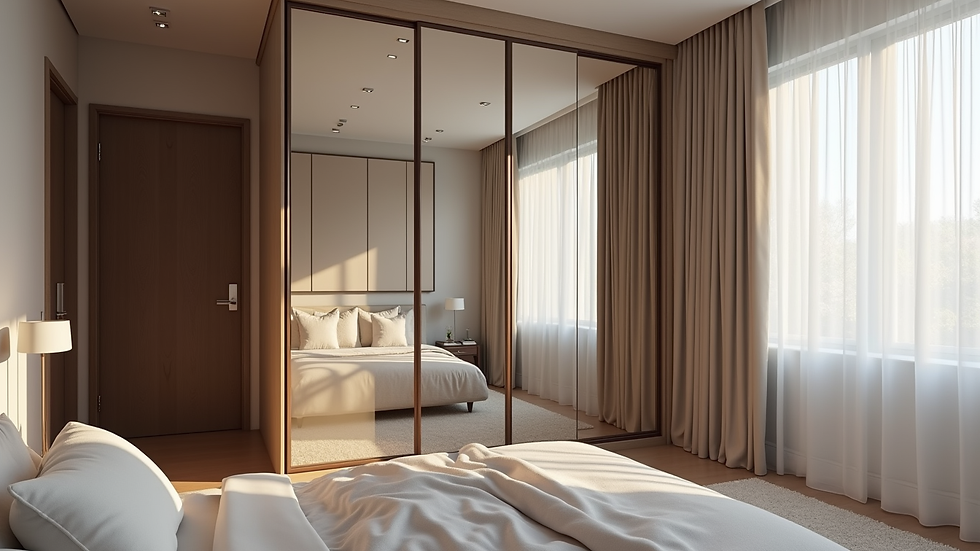 High angle view of a wardrobe with sliding mirrored doors