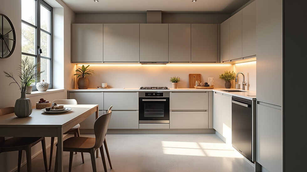 High angle view of a compact L-shaped kitchen with integrated appliances and bright lighting
