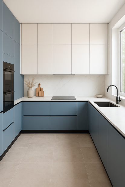 Modern blue and white U-shaped kitchen with handleless cabinets and quartz countertop