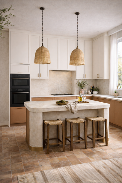 Modern Mediterranean modular kitchen with textured plaster walls, full-height white wall units, terracotta base cabinets, built-in black oven and microwave, warm stone countertops, and natural light.