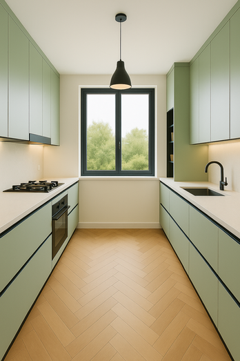 Sage green flat-panel kitchen with black accents