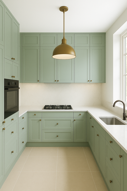 Mint green modular kitchen with shaker style cabinets and brass pendant lighting