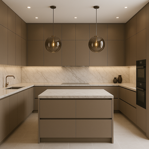 Taupe modular kitchen with full-height cabinets, marble backsplash, and smoked glass pendant lighting