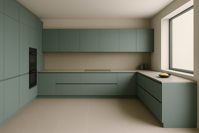 U-shaped modular kitchen in sea green matte finish with handleless design and large window