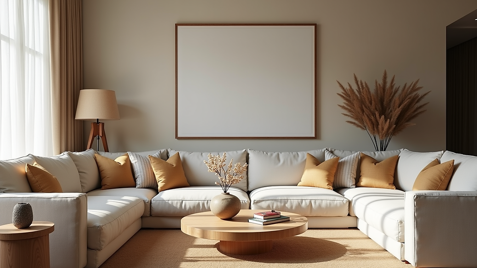 Eye-level view of a beautifully arranged living room with decorative accessories