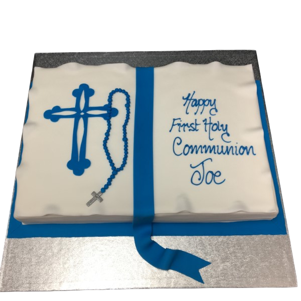Beautiful communion book cake with delicate detailing, perfect for religious celebrations. Ideal for commemorating a special milestone.