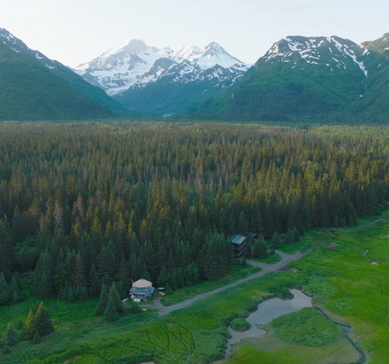 Overhead view of the lodge and its surrounding areas