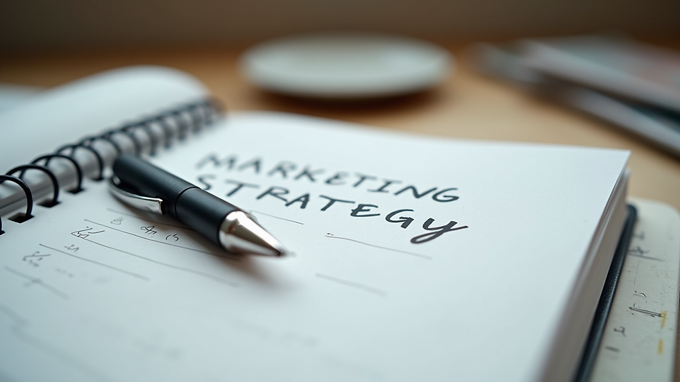 Close-up view of a notebook with marketing strategy notes and a pen