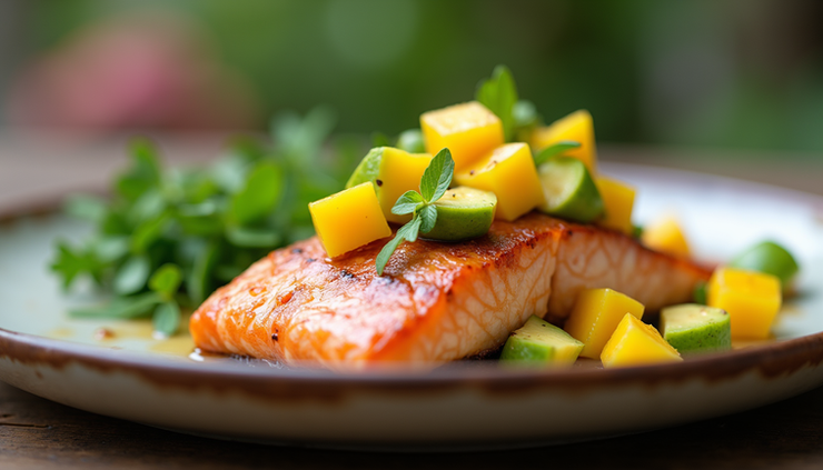 Eye-level view of grilled salmon topped with colorful mango avocado salsa on a rustic plate