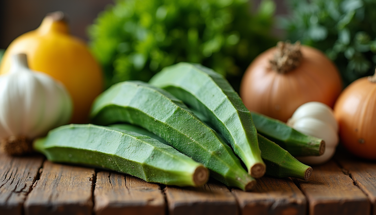 Close-up view of fresh African Diaspora vegetables and fruits on a wooden table