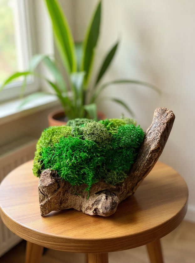 Preserved moss centerpiece in driftwood