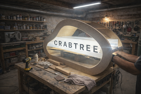 Letrero luminoso personalizado fabricado en taller profesional de displays comerciales, con estructura MDF y luz LED, proceso artesanal de branding para punto de venta.