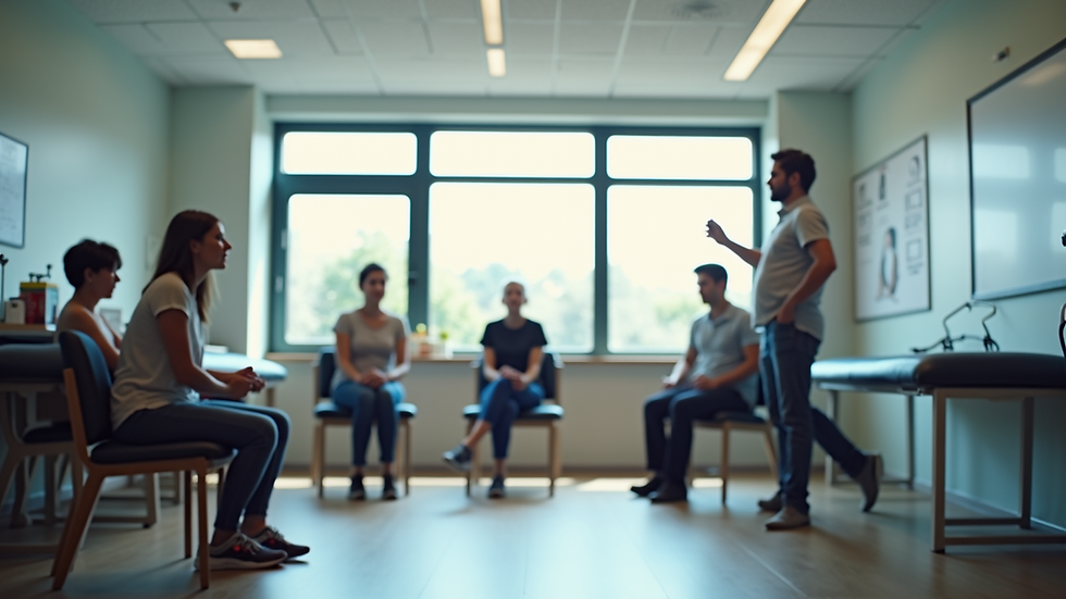 Eye-level view of a physical therapy classroom with students and instructor