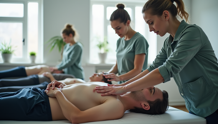 Eye-level view of a physical therapy classroom with students practicing manual techniques