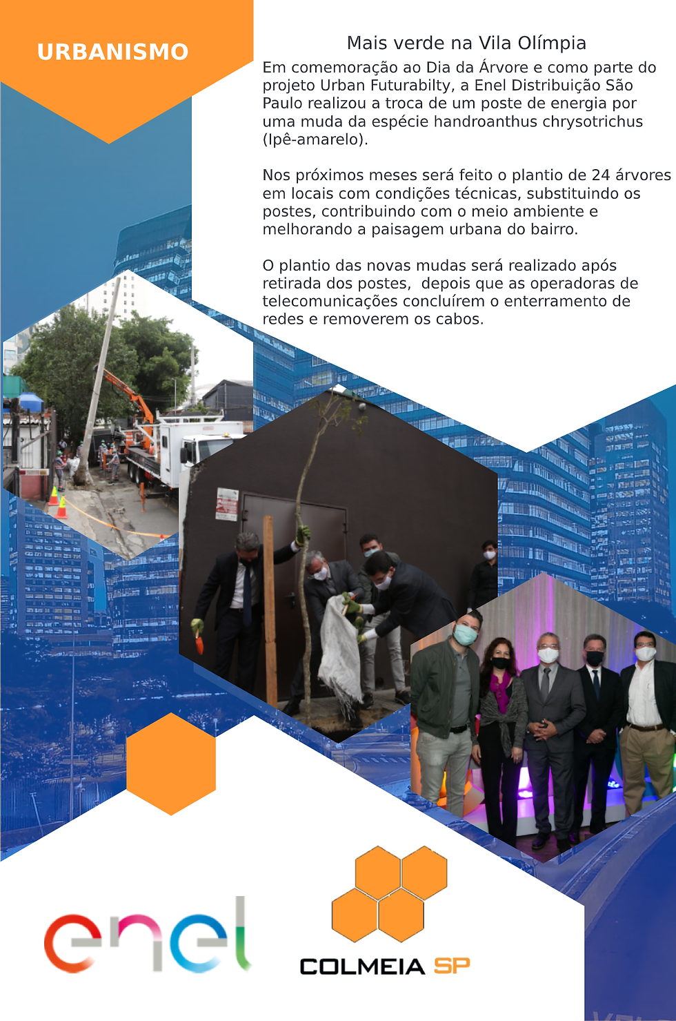 Em comemoração ao Dia da Árvore e como parte do projeto Urban Futurabilty, a Enel Distribuição São Paulo realizou a troca de um poste de energia por  uma muda da espécie handroanthus chrysotrichus (Ipê-amarelo).  Nos próximos meses será feito o plantio de 24 árvores em locais com condições técnicas, substituindo os  postes, contribuindo com o meio ambiente e  melhorando a paisagem urbana do bairro.  O plantio das novas mudas será realizado após  retirada dos postes,  depois que as operadoras de telecomunicações concluírem o enterramento de  redes e removerem os cabos.
