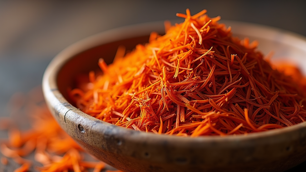 Close-up view of saffron threads in a wooden bowl