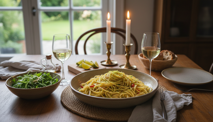 Wide-angle view of crab linguini served with white wine and a green salad