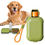 Thumbnail: Golden Retriever sitting next to the Green MuraPet Portable Dog Water Bottle set up with water and food.