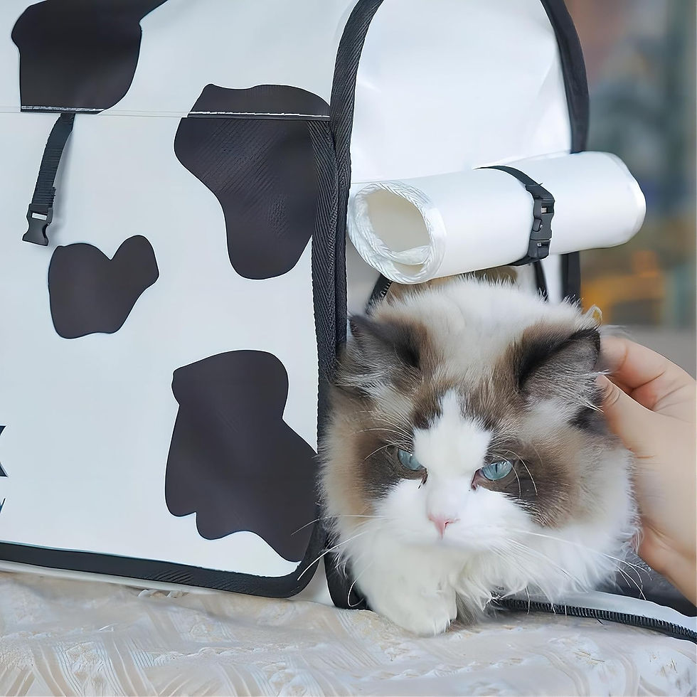 Thumbnail: Ragdoll cat exiting the side door of the cow print backpack