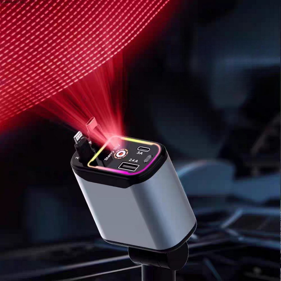 Cargador de carro de dos cables retráctiles con luces RGB y proyector de luces con 2 cables y 2 entradas de USB para cargar