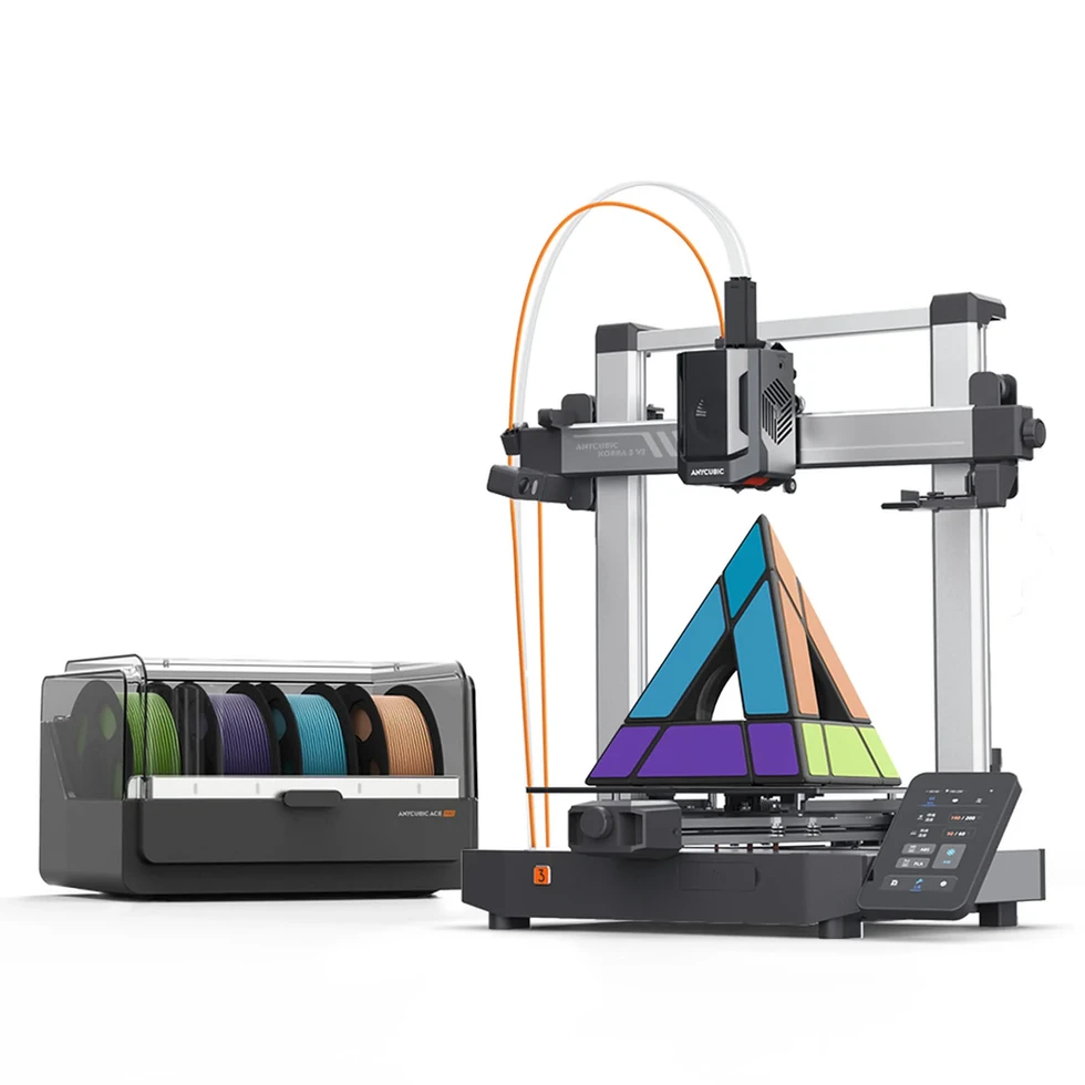 Impresora Anycubic Kobra 3 V2 Combo, una impresora rápida y fácil de usar, en conjunto con su sistema multicolor ACE Pro