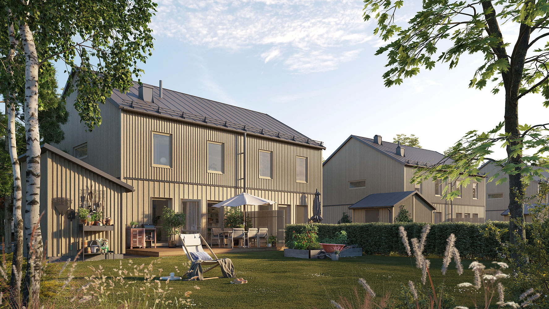 3d-visualisering av en rogivande trädgård i ett mysigt radhusområde