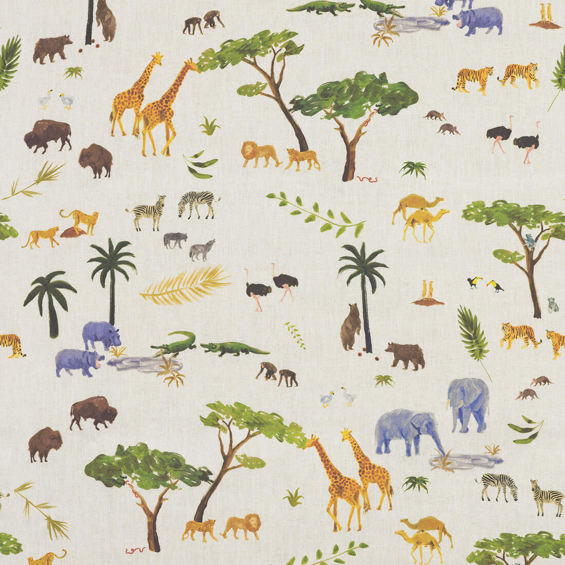 Animalis Multi Safari Jungle Wallpaper by Andrew Martin – featuring lions, tigers, zebras, and dodos