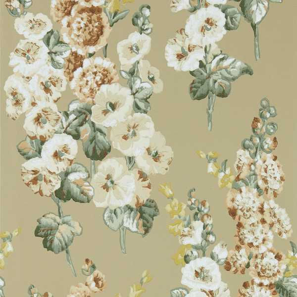 Sanderson Hollyhocks Wallpaper Swatch - Gold Metallic Tan