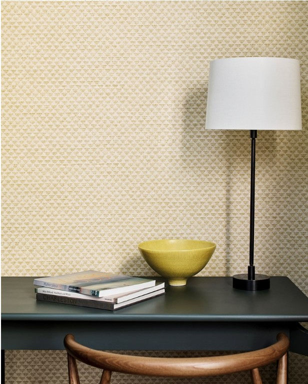 Jane Churchill Malik Wallpaper in Yellow – styled interior with modern geometric wallpaper and lamp | Pure Paint