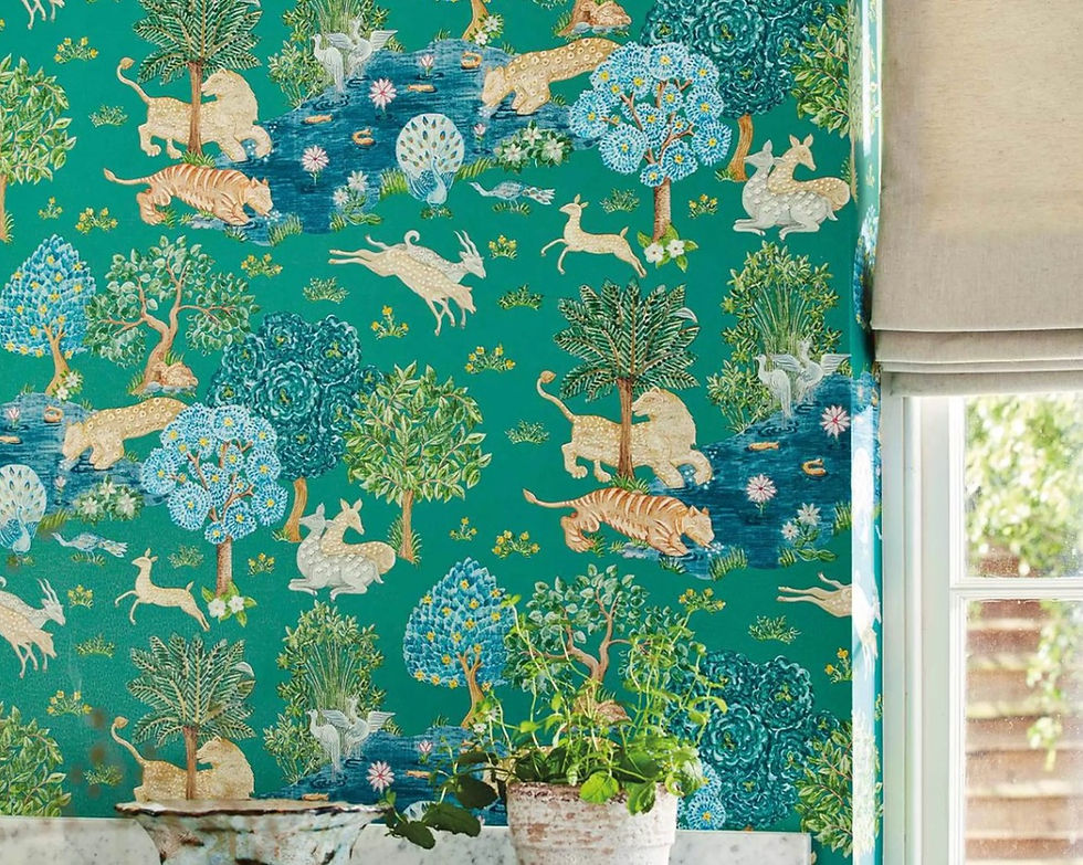 Thumbnail: pamir garden wallpaper teal peacock by sanderson – interior detail – pure paint