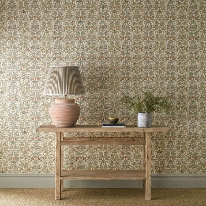 Interior Showing Morris & Co. Oak Blossom Wallpaper - Chestnut Primerose