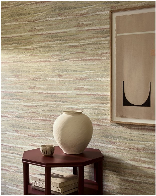ane Churchill Lanata Wallpaper in Slate Pink Gold – living room interior with textured abstract wallpaper | Pure Paint
