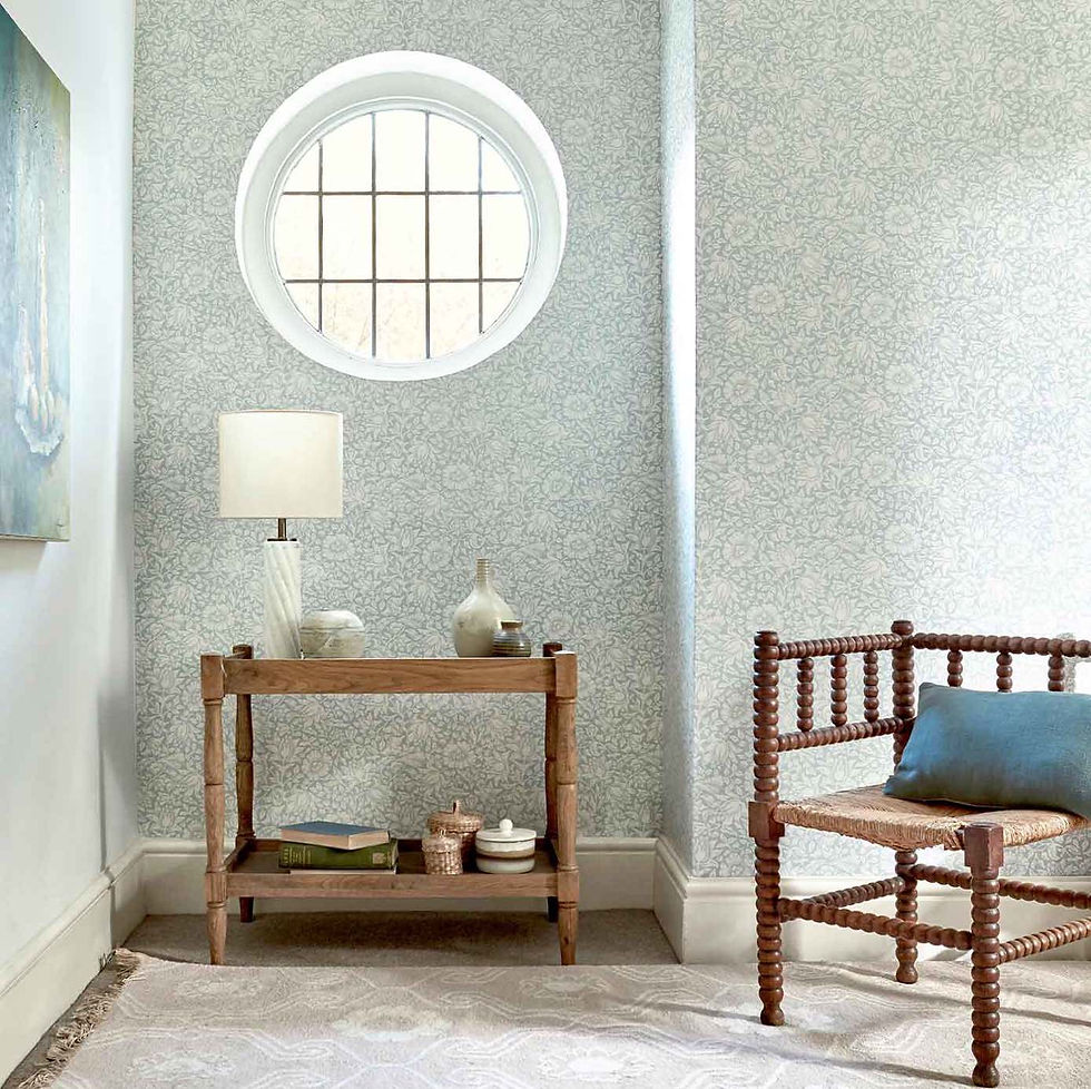 Photo of Hall wallpapered in Morris & Co Mallow shown in Chalk Duick Egg colourway