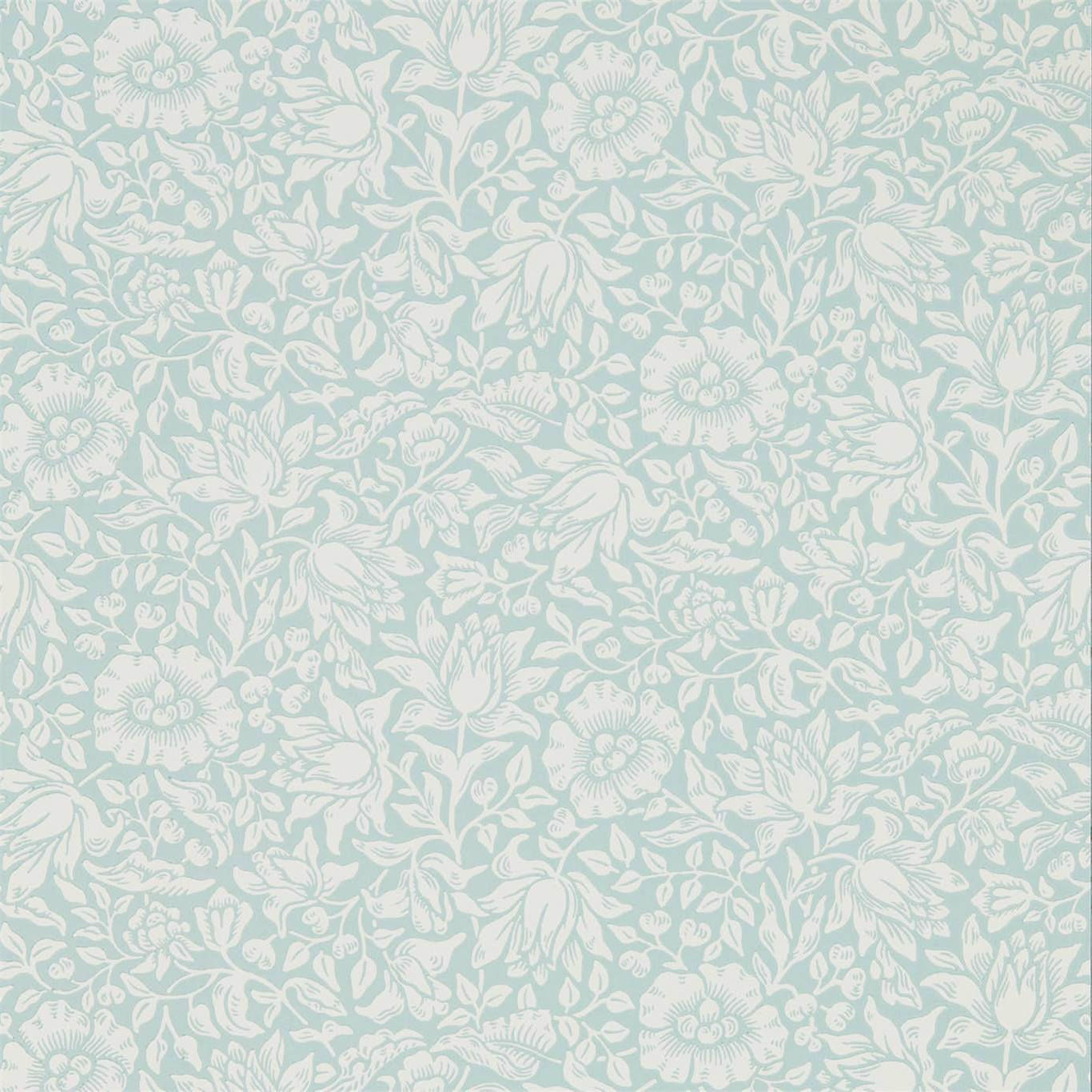 Mallow Wallpaper in Chalk Duck Egg by Morris & Co. – soft blue floral wallpaper with delicate hibiscus repeat.