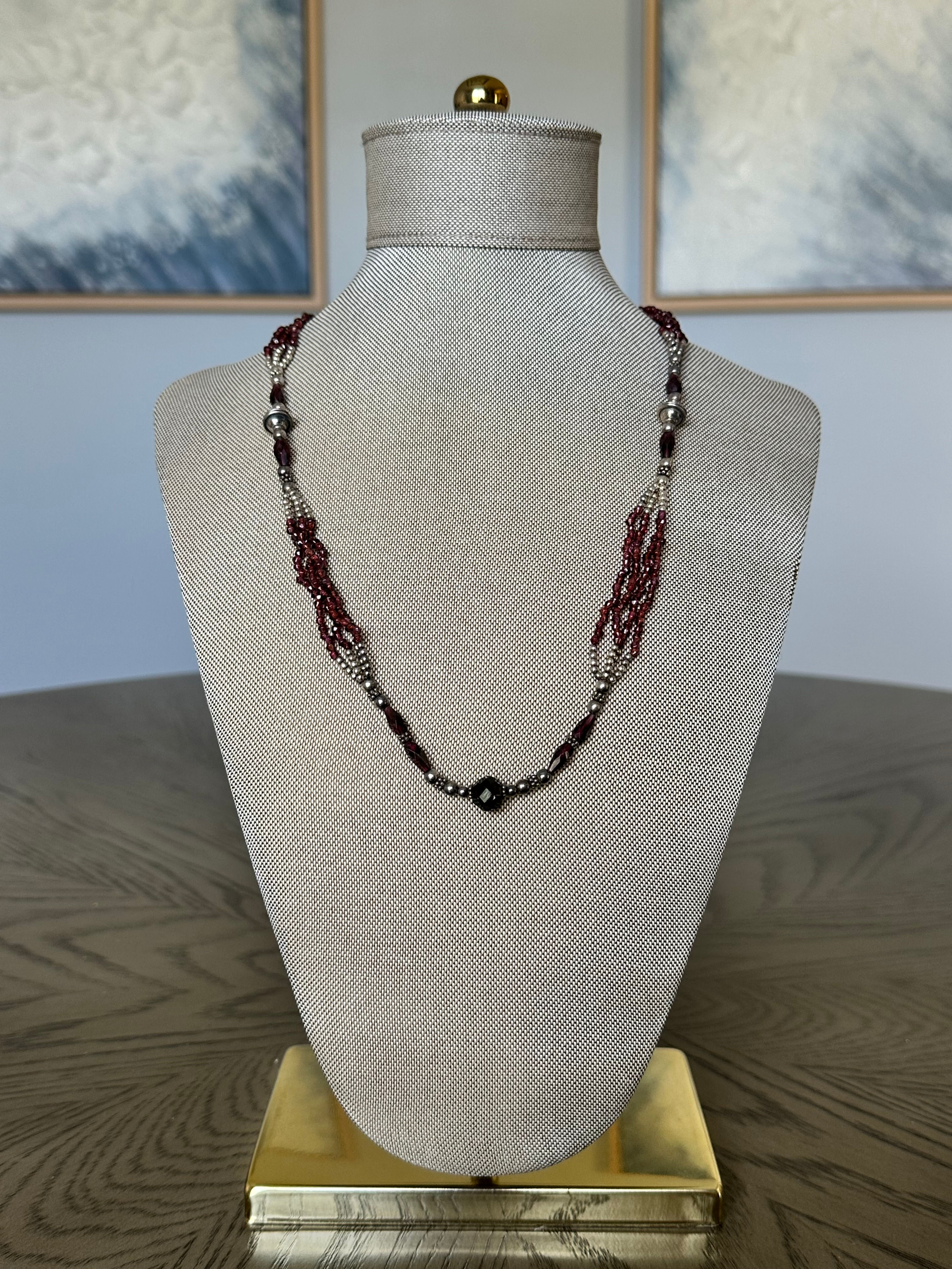 Handcrafted 24-inch sterling silver necklace with garnet gemstones and sterling silver beads by driftwood beach boutique