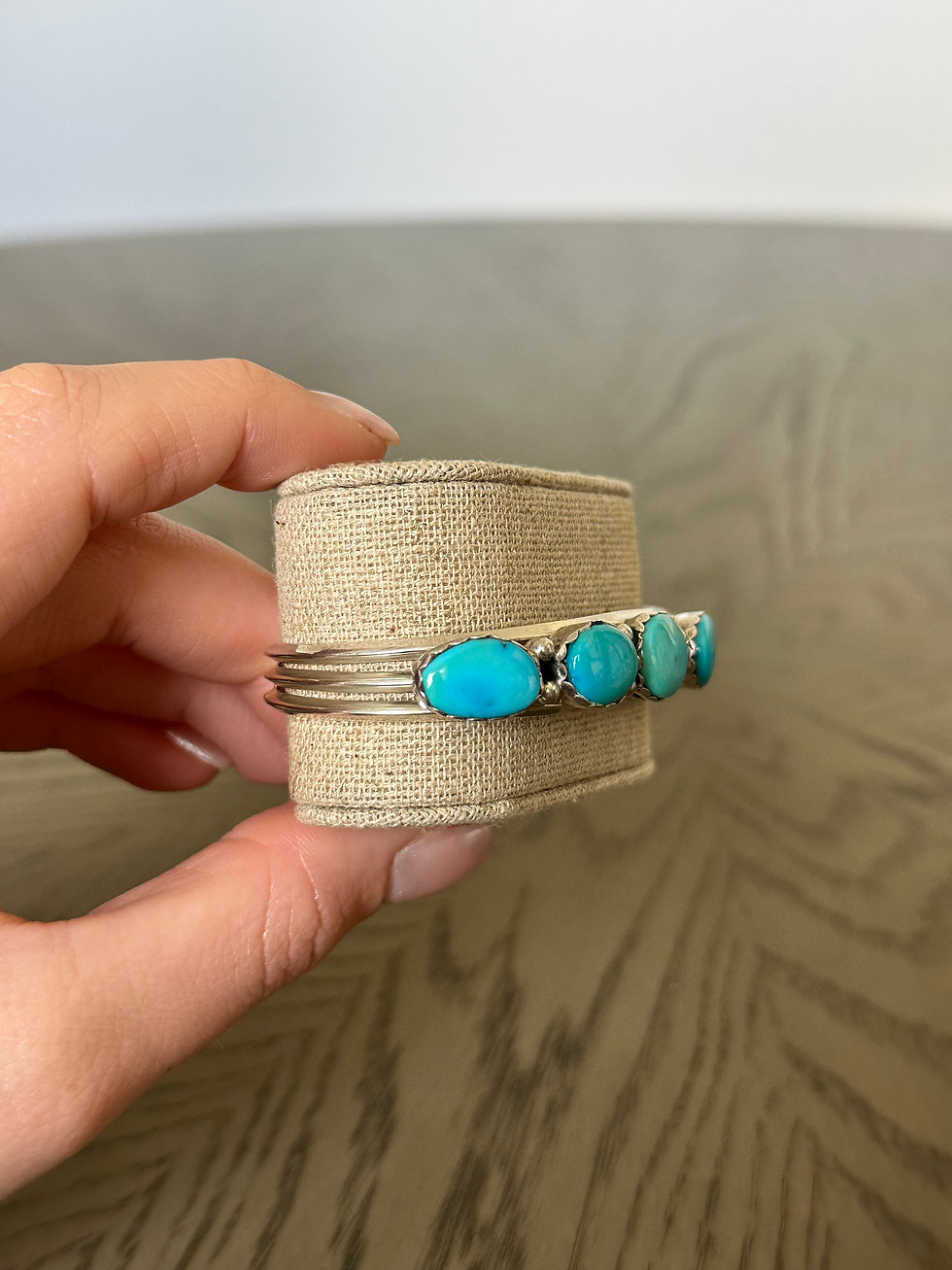 Celestia Cuff - handcrafted Native American sterling silver cuff bracelet with genuine turquoise stones, side view