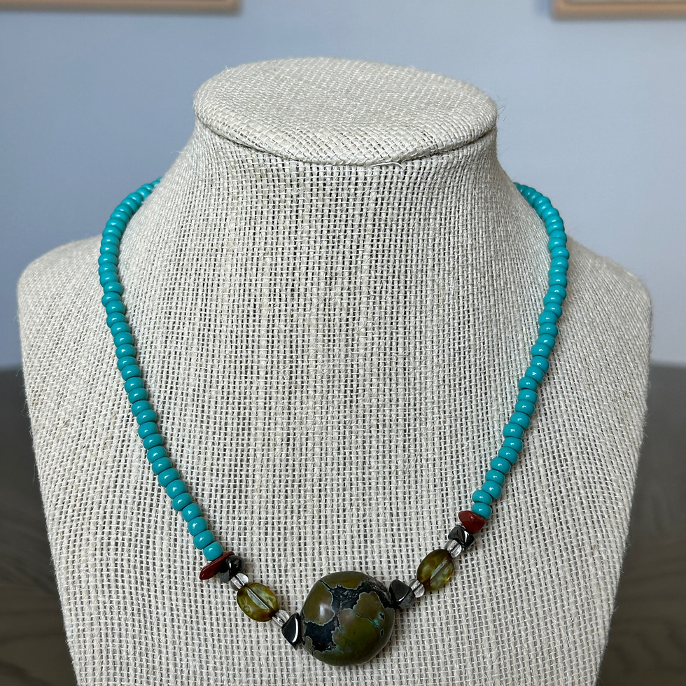 The Turquesa Necklace - Handcrafted Sterling Silver Necklace with large turquoise center gemstone close up view