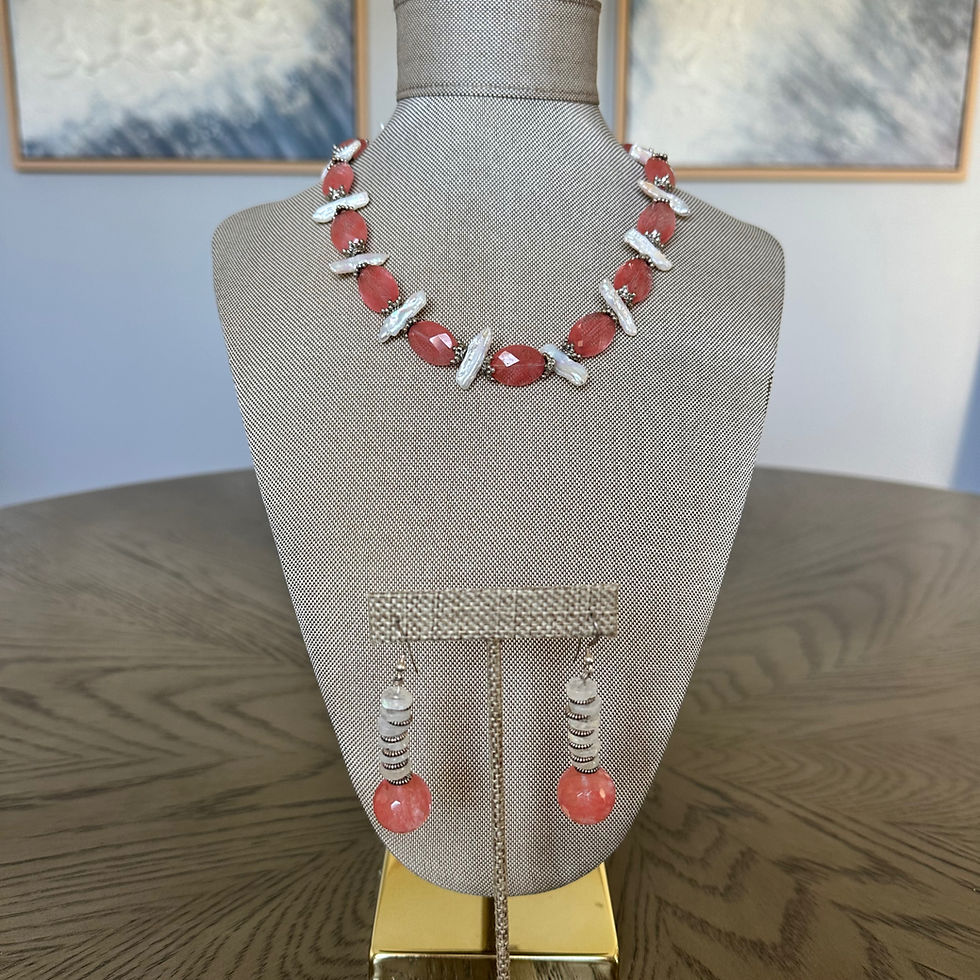 Étoile Rose Set - sterling silver necklace and earrings set with cherry quartz, Biwa pearls, and rainbow moonstones