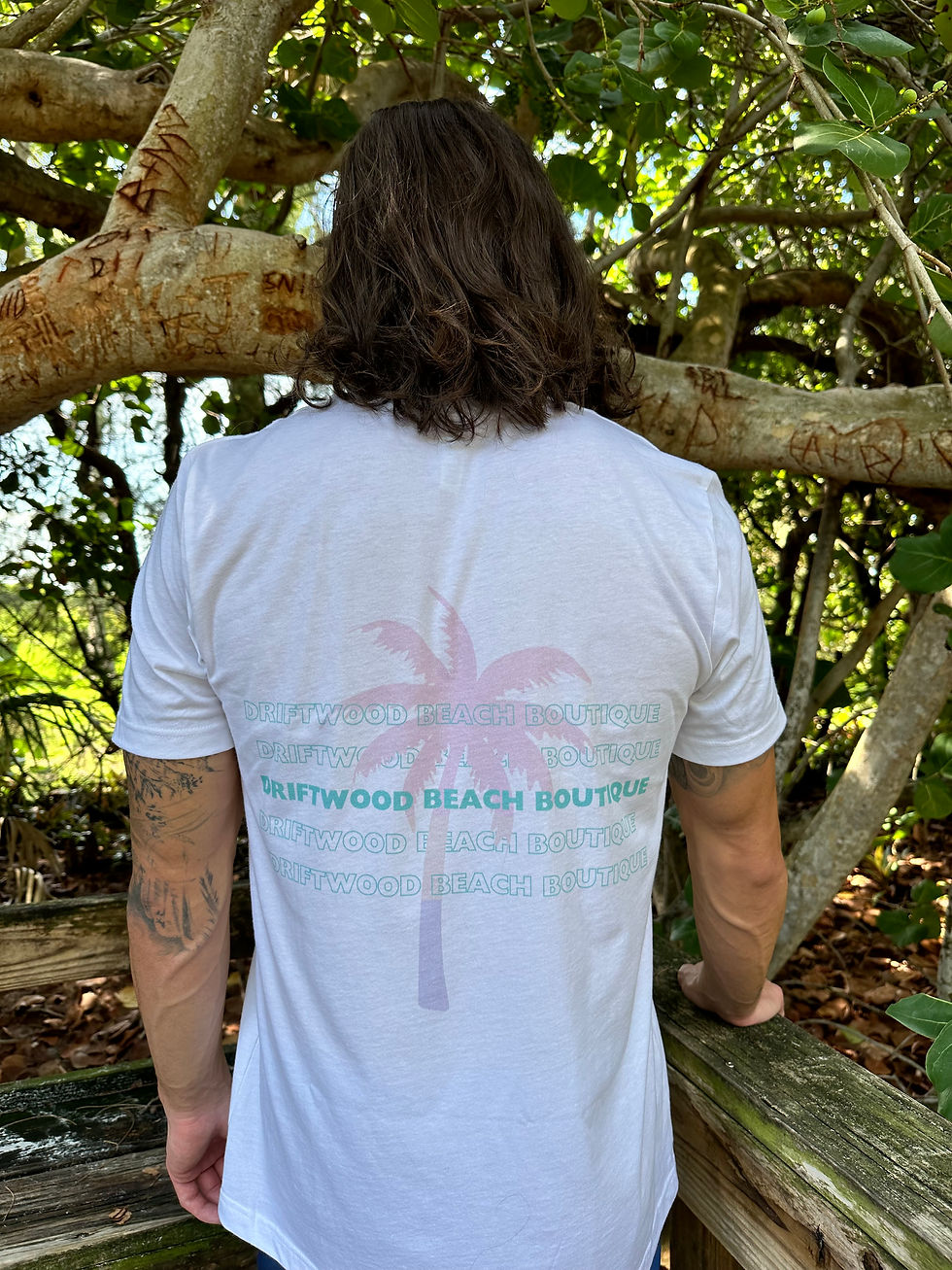 Thumbnail: Palm Reverie Beach Tee on Anna Maria Island Close-up on male model