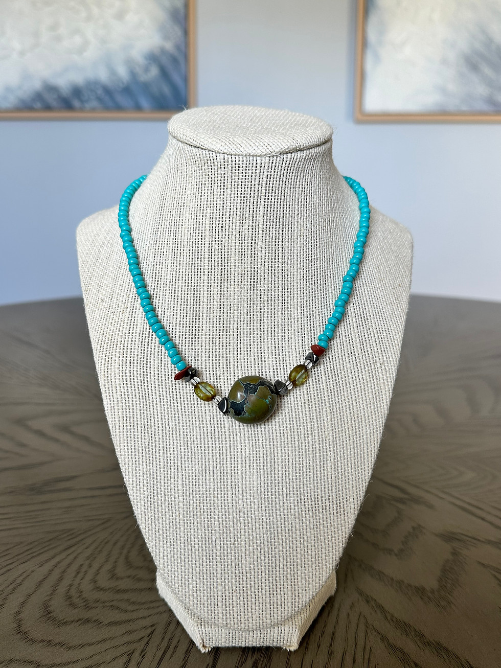 The Turquesa Necklace - Handcrafted Sterling Silver Necklace with large turquoise center gemstone.