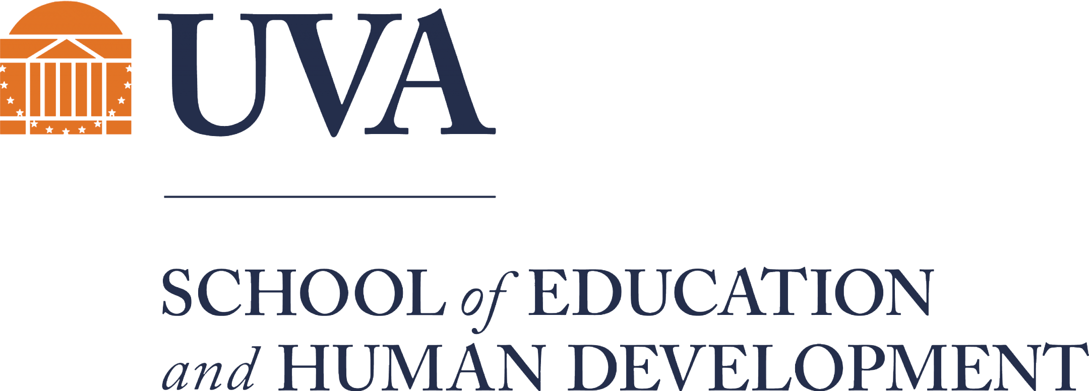Logo of the University of Virginia (UVA) School of Education and Human Development featuring the UVA acronym in navy blue next to an orange dome graphic above the full school name in elegant navy text.